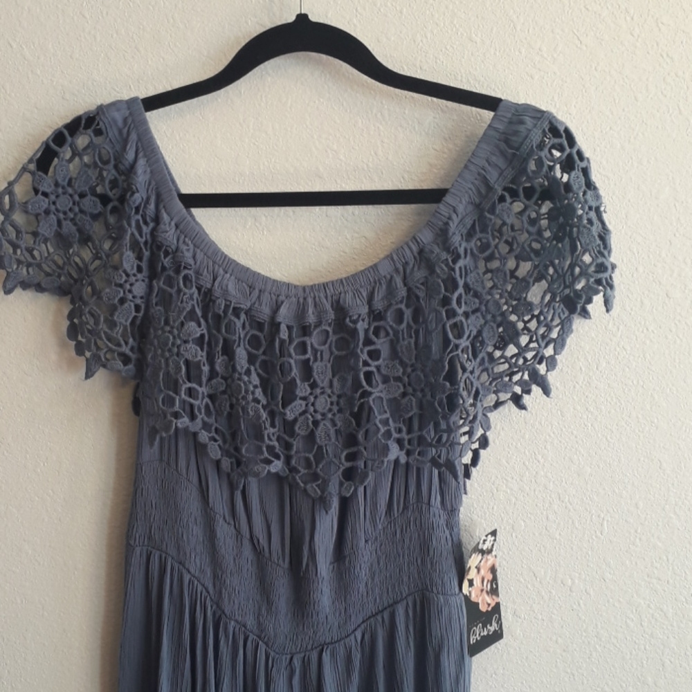 Blush Brand Boho Blue Lace Collar Gauze Pantsuit - Picture 3 of 9
